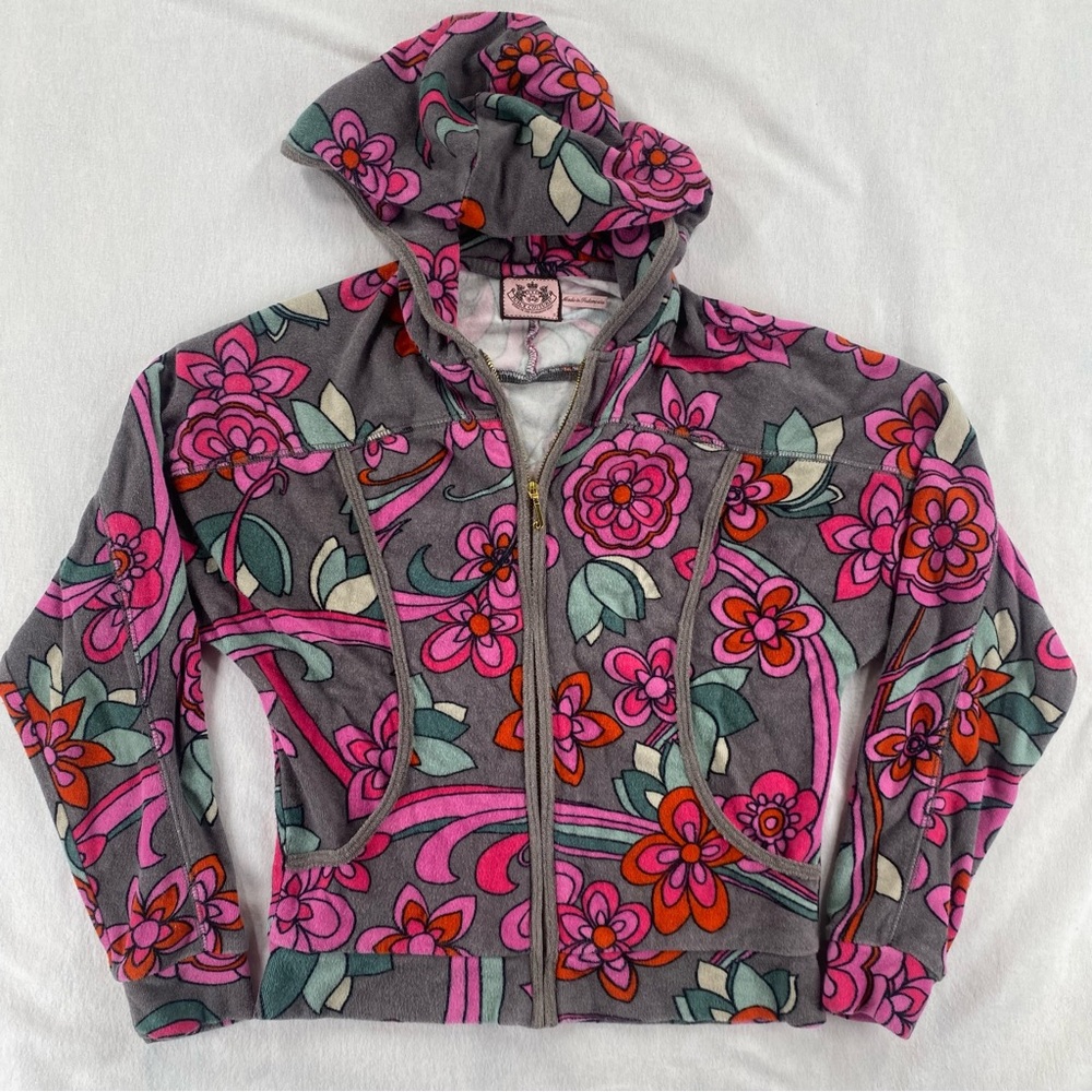 Juicy Couture Floral Zip-Up Hoodie in Gray & Pink